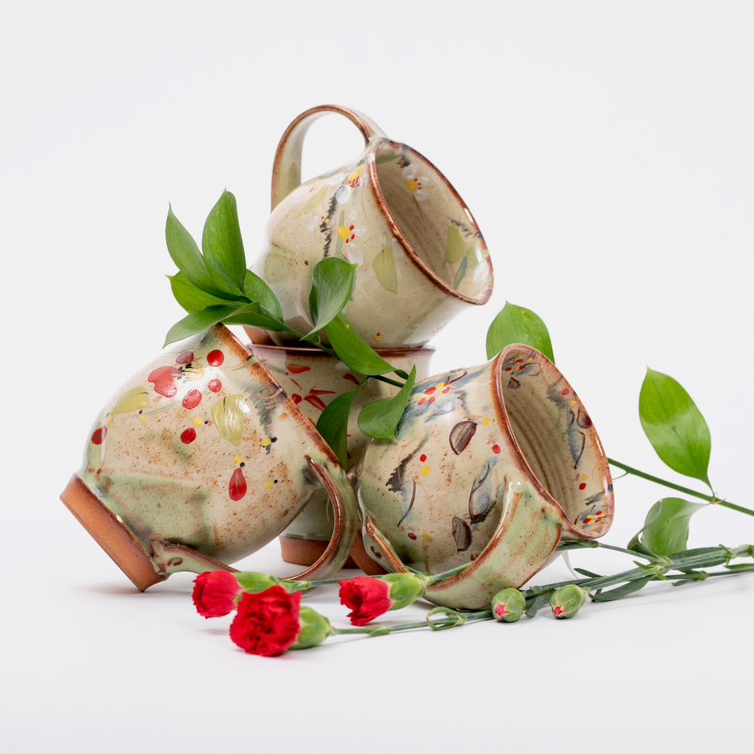 Paire De Mugs En Grès Cérame Beige/marron, Décor Fleur Peint à La Main - Occasion
